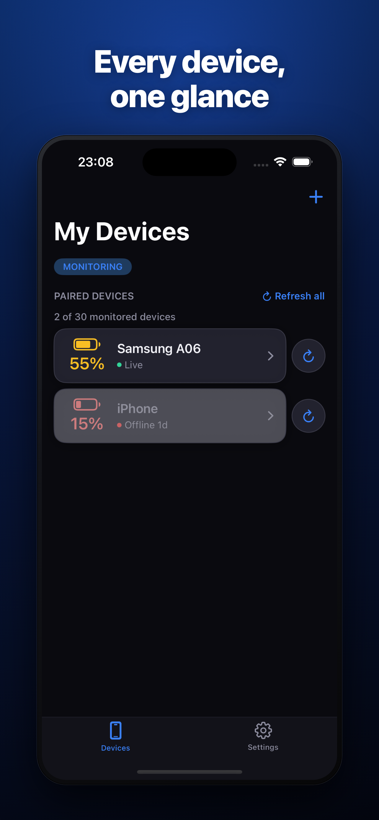 PowrSync home screen listing paired devices with their live battery percentage and charging status